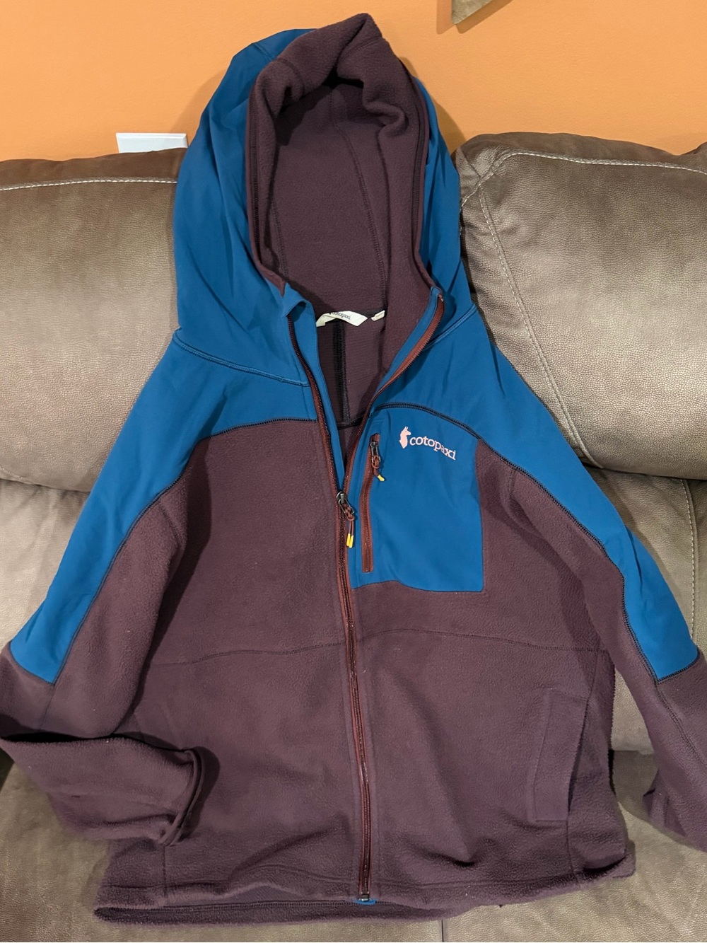 cotopaxi Plum and Teal Blue Hooded Fleece Jacket